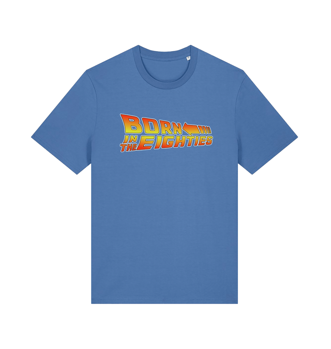 blue birthday t-shirt inspired by the classic film back to the future with the 'born in the eighties'