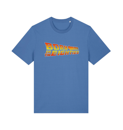 blue birthday t-shirt inspired by the classic film back to the future with the 'born in the eighties'