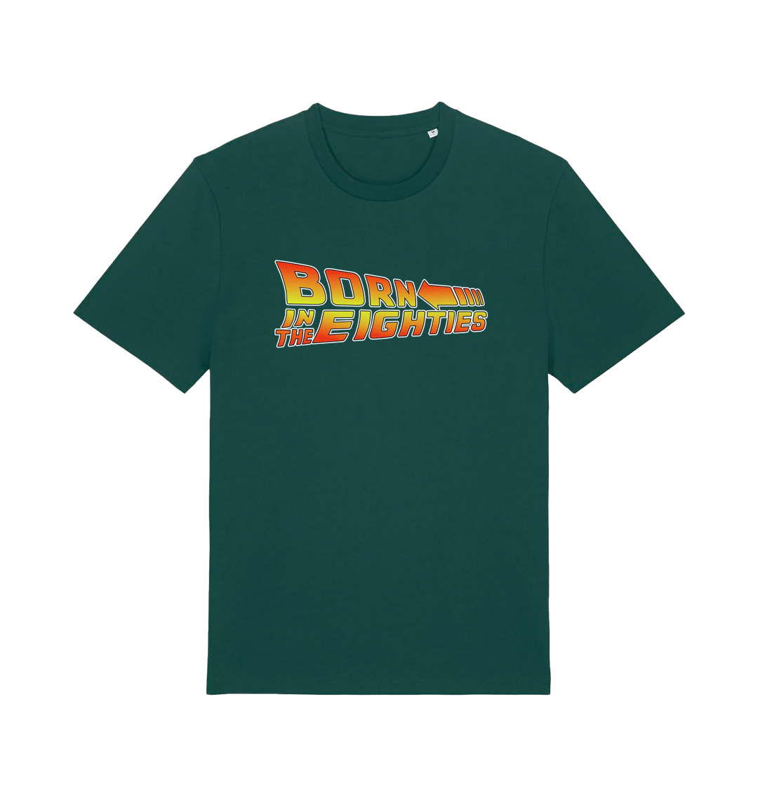 green birthday t-shirt inspired by the classic film back to the future with the 'born in the eighties'