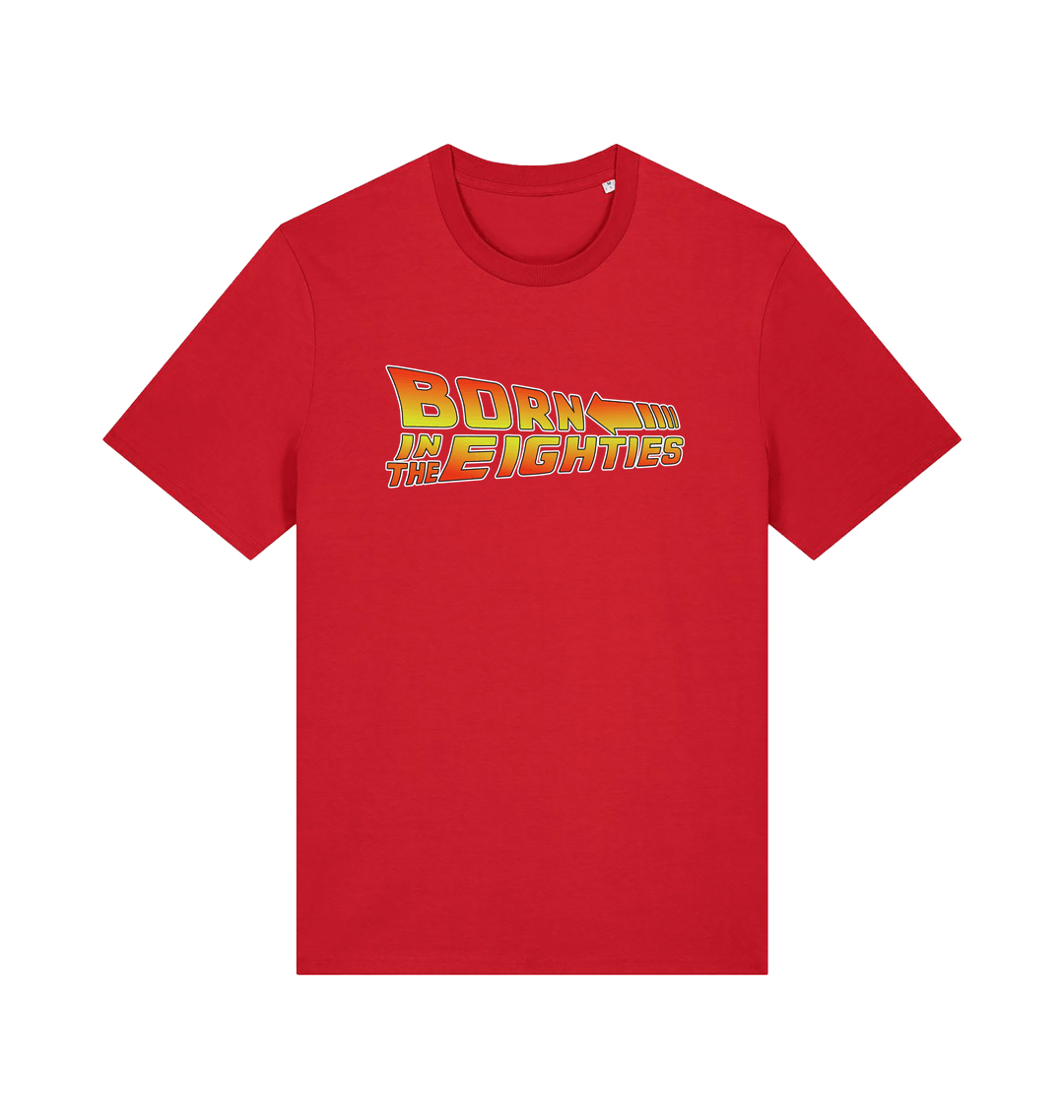 red birthday t-shirt inspired by the classic film back to the future with the 'born in the eighties'