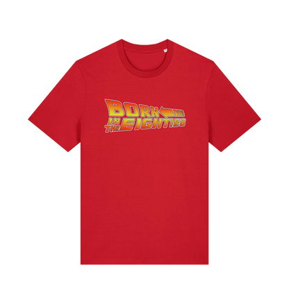 red birthday t-shirt inspired by the classic film back to the future with the 'born in the eighties'