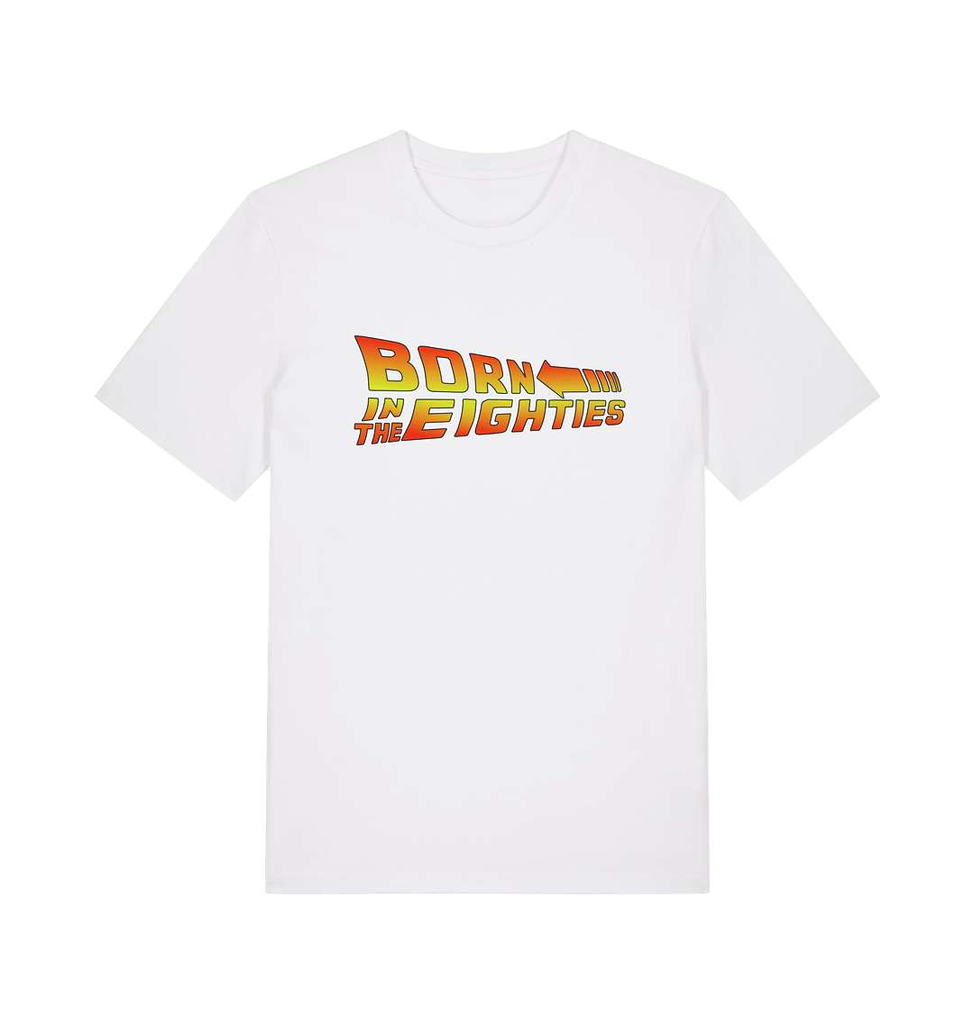 white birthday t-shirt inspired by the classic film back to the future with the 'born in the eighties'