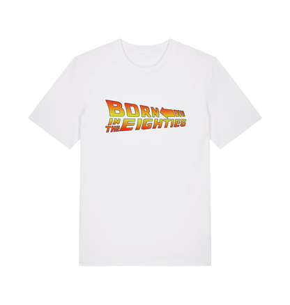 white birthday t-shirt inspired by the classic film back to the future with the 'born in the eighties'