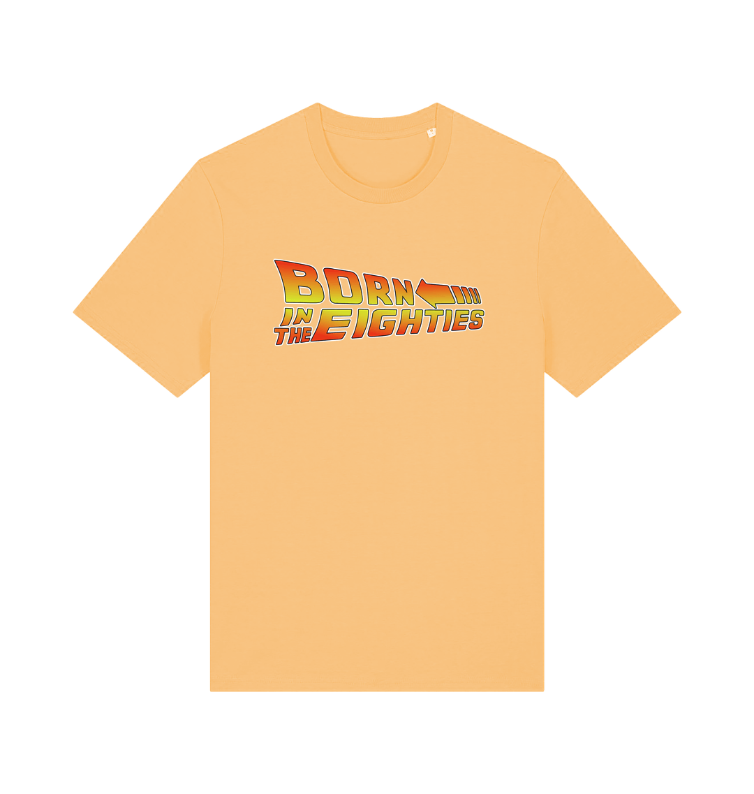 yellow birthday t-shirt inspired by the classic film back to the future with the 'born in the eighties'