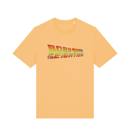 yellow birthday t-shirt inspired by the classic film back to the future with the 'born in the eighties'