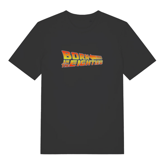 black women's geek t-shirt inspired by the cult classic back to the future with the slogan 'born in the eighties'