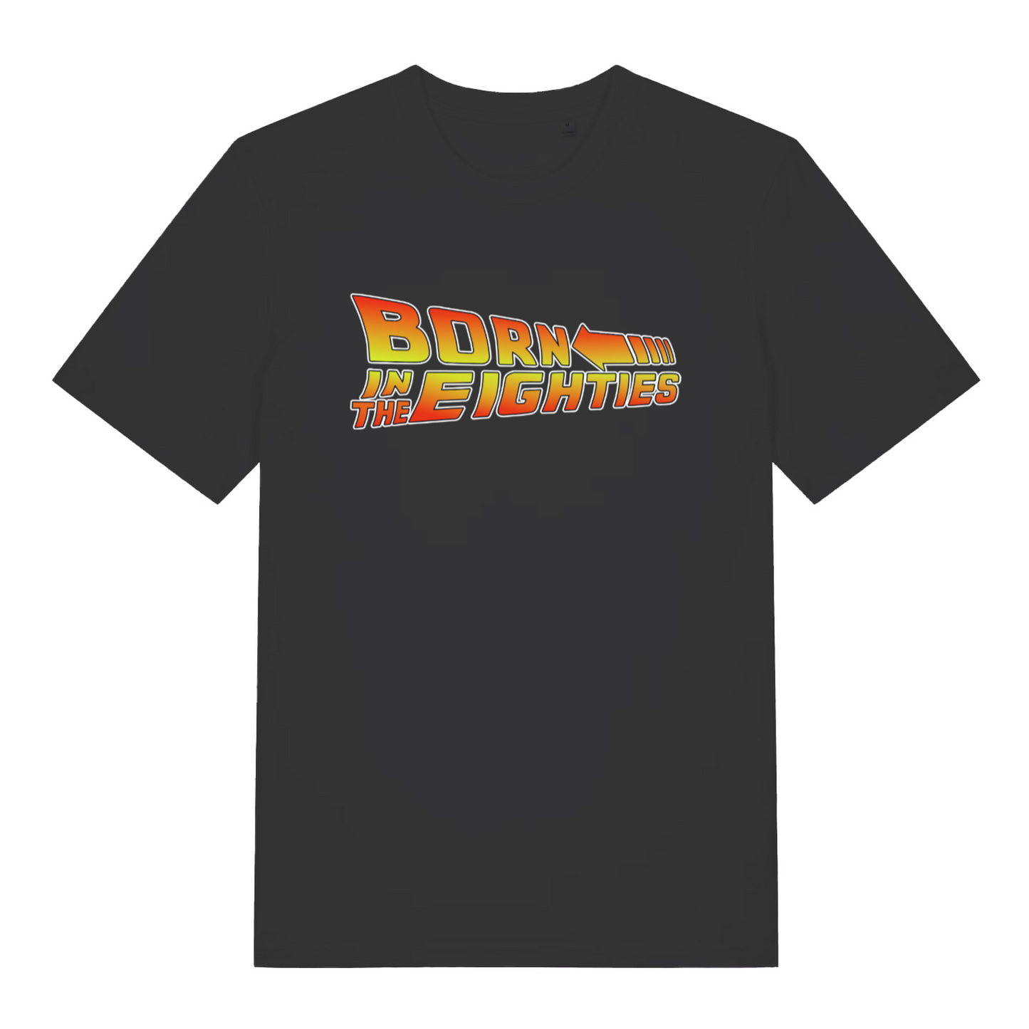 Black women's Born in the Eighties T-shirt flat lay with movie-style arrow "Born in the Eighties" graphic perfect retro ladies tee