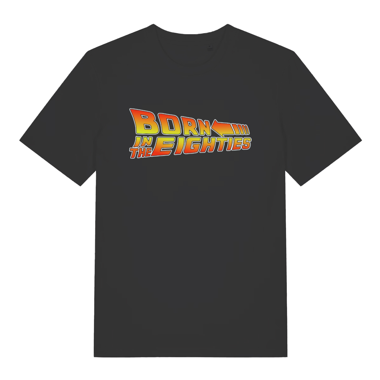 Black women's Born in the Eighties T-shirt flat lay with movie-style arrow "Born in the Eighties" graphic perfect retro ladies tee