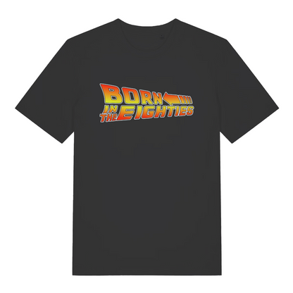 Black women's Born in the Eighties T-shirt flat lay with movie-style arrow "Born in the Eighties" graphic perfect retro ladies tee
