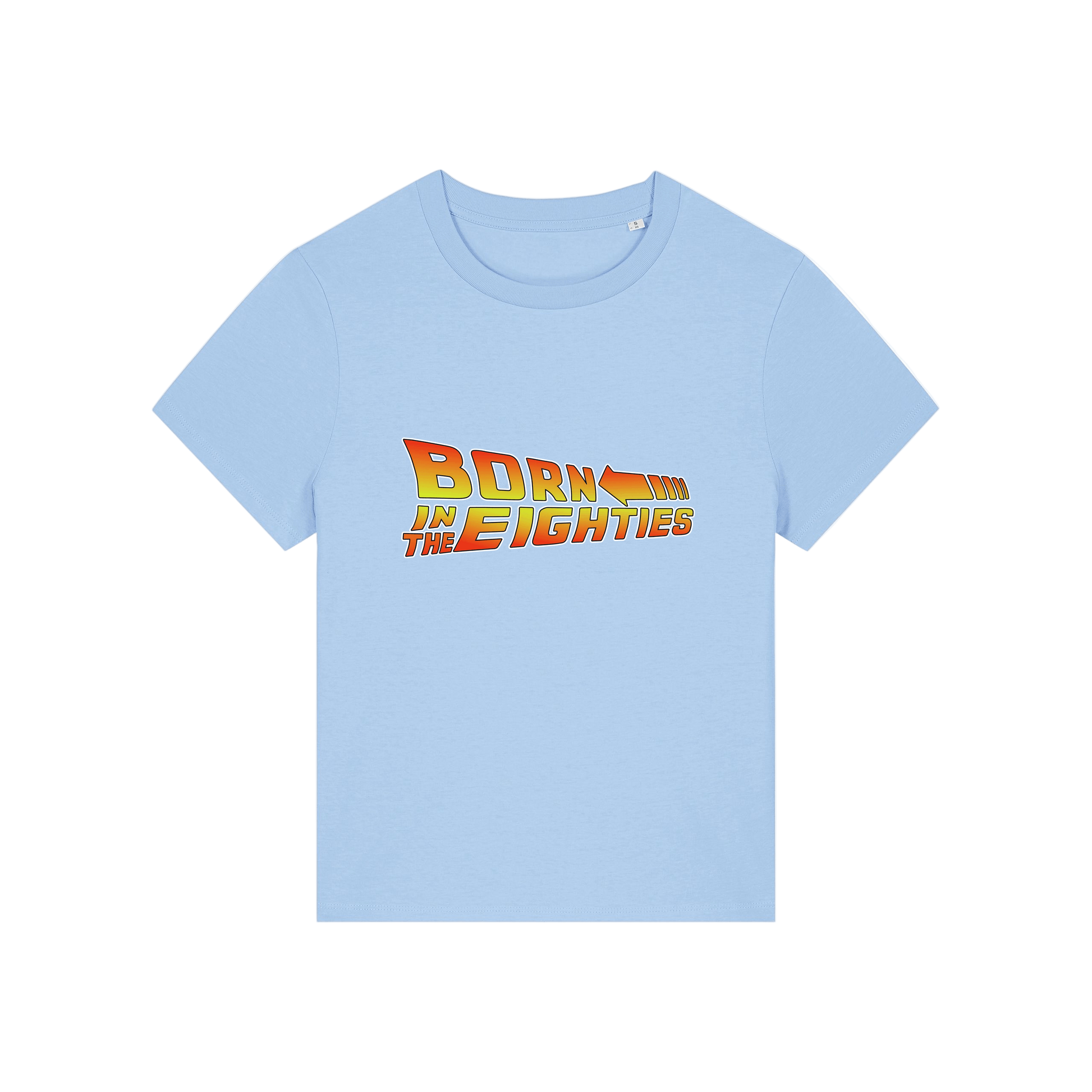 light blue geek tee with the slogan 'born in the eighties'