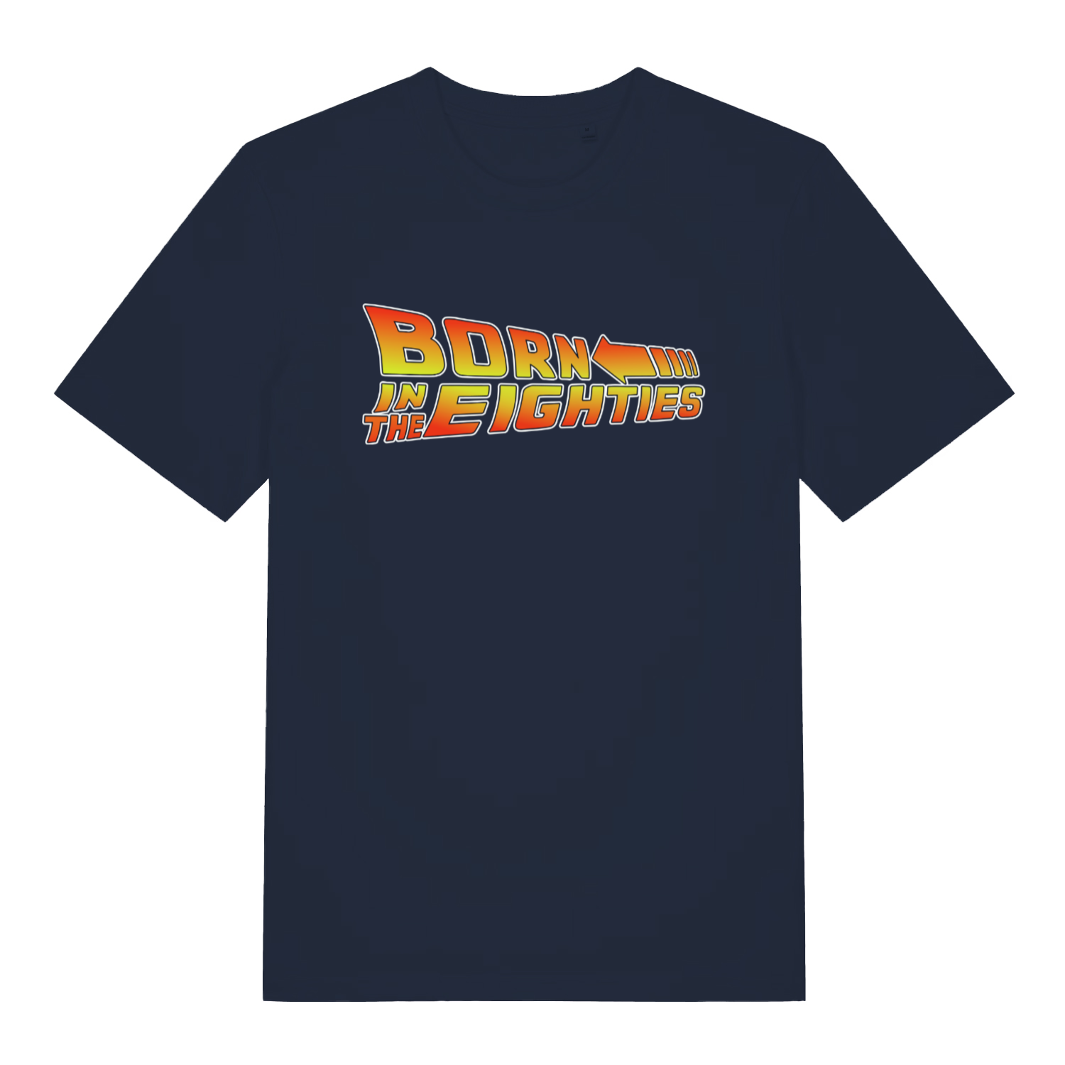Navy women's Born in the Eighties T-shirt flat lay featuring bold Back to the Future inspired slogan and speed arrow