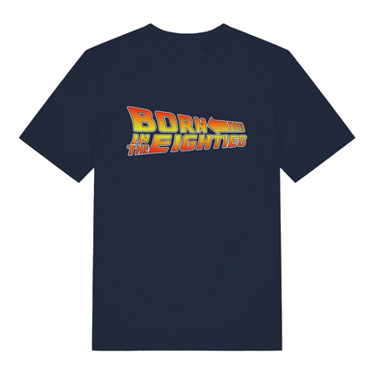 Navy women's Born in the Eighties T-shirt flat lay featuring bold Back to the Future inspired slogan and speed arrow
