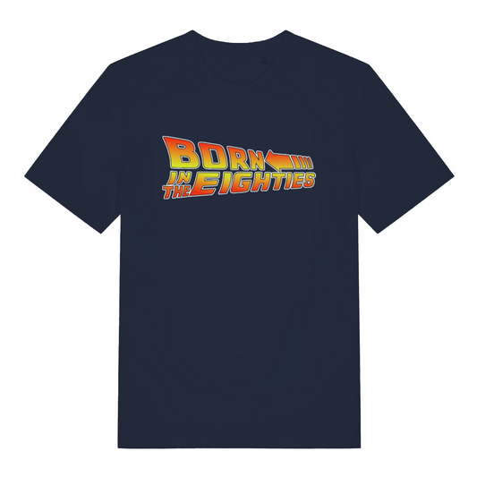 Navy women's Born in the Eighties T-shirt flat lay featuring bold Back to the Future inspired slogan and speed arrow