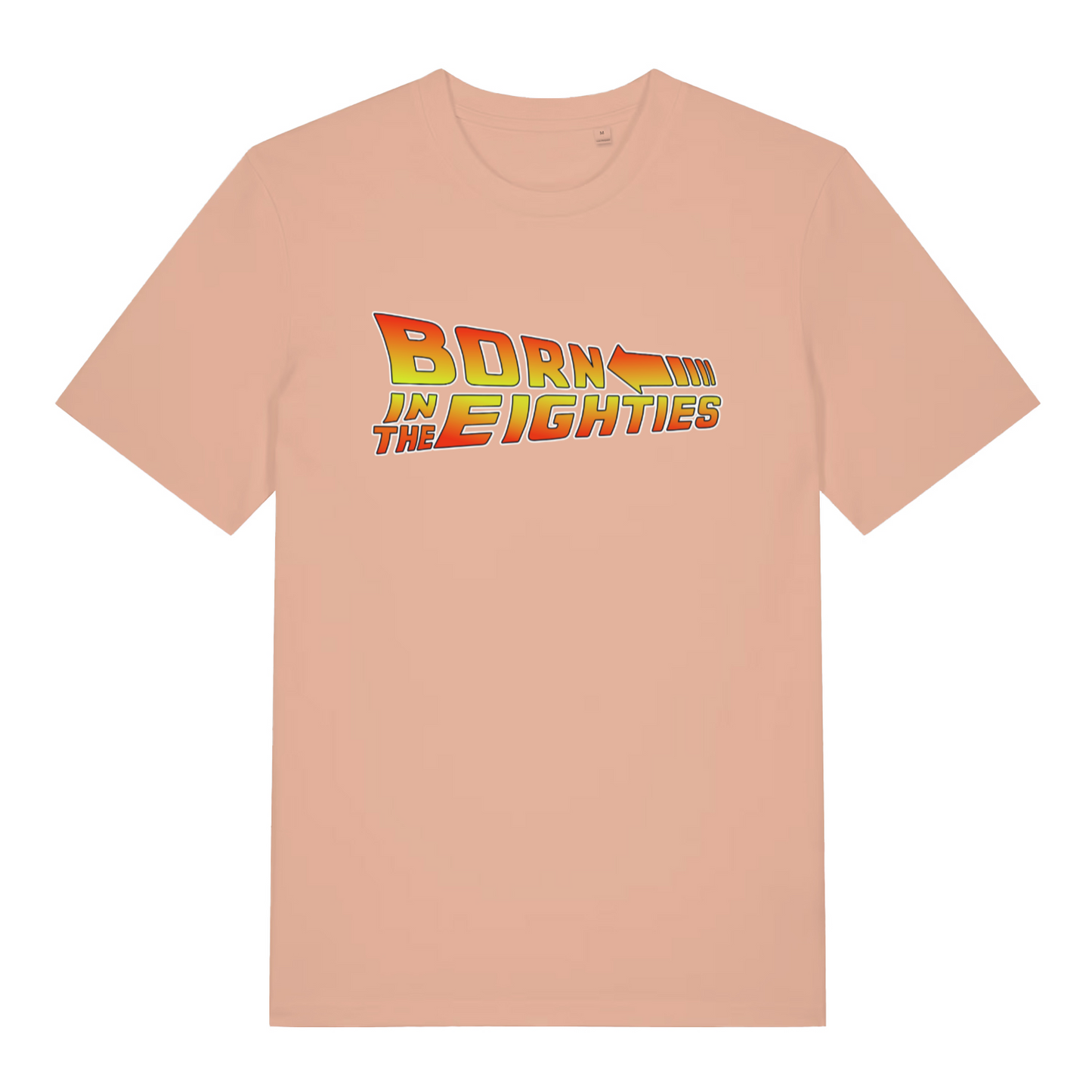 Peach women's Born in the Eighties T-shirt flat lay showing dynamic 80s movie lettering with arrow design