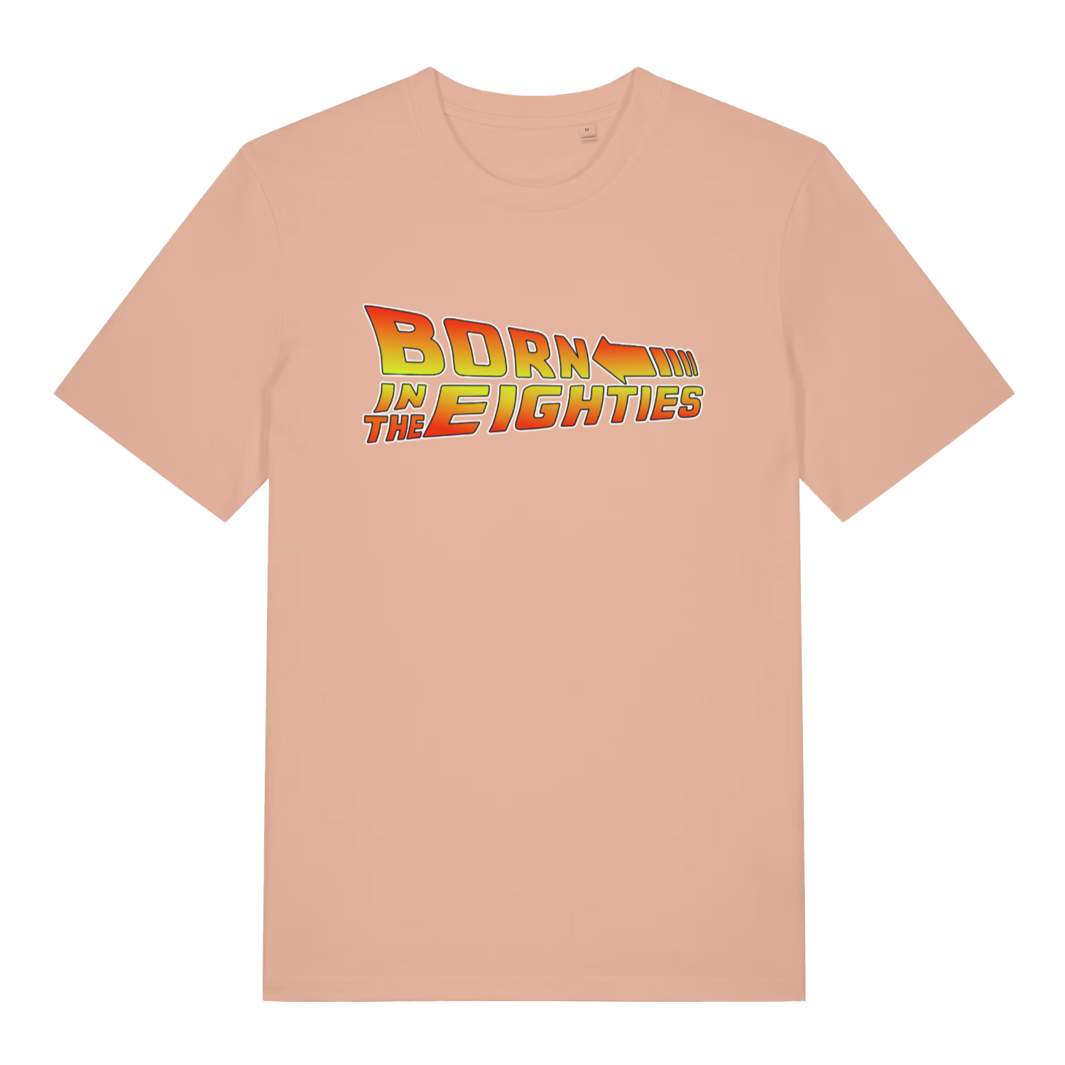 Peach women's Born in the Eighties T-shirt flat lay showing dynamic 80s movie lettering with arrow design