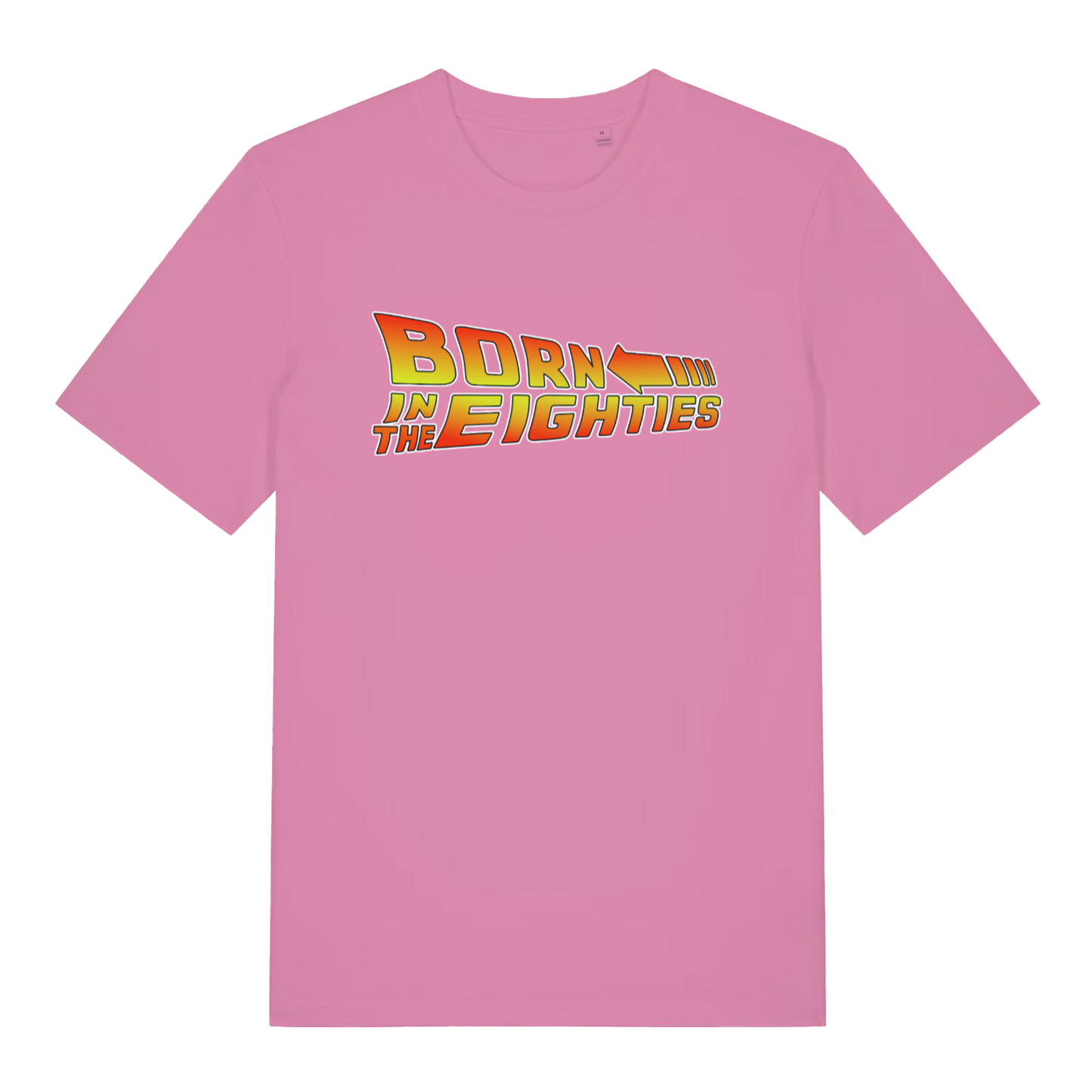 Pink women's Born in the Eighties T-shirt flat lay with fun retro "Born in the Eighties" arrow slogan