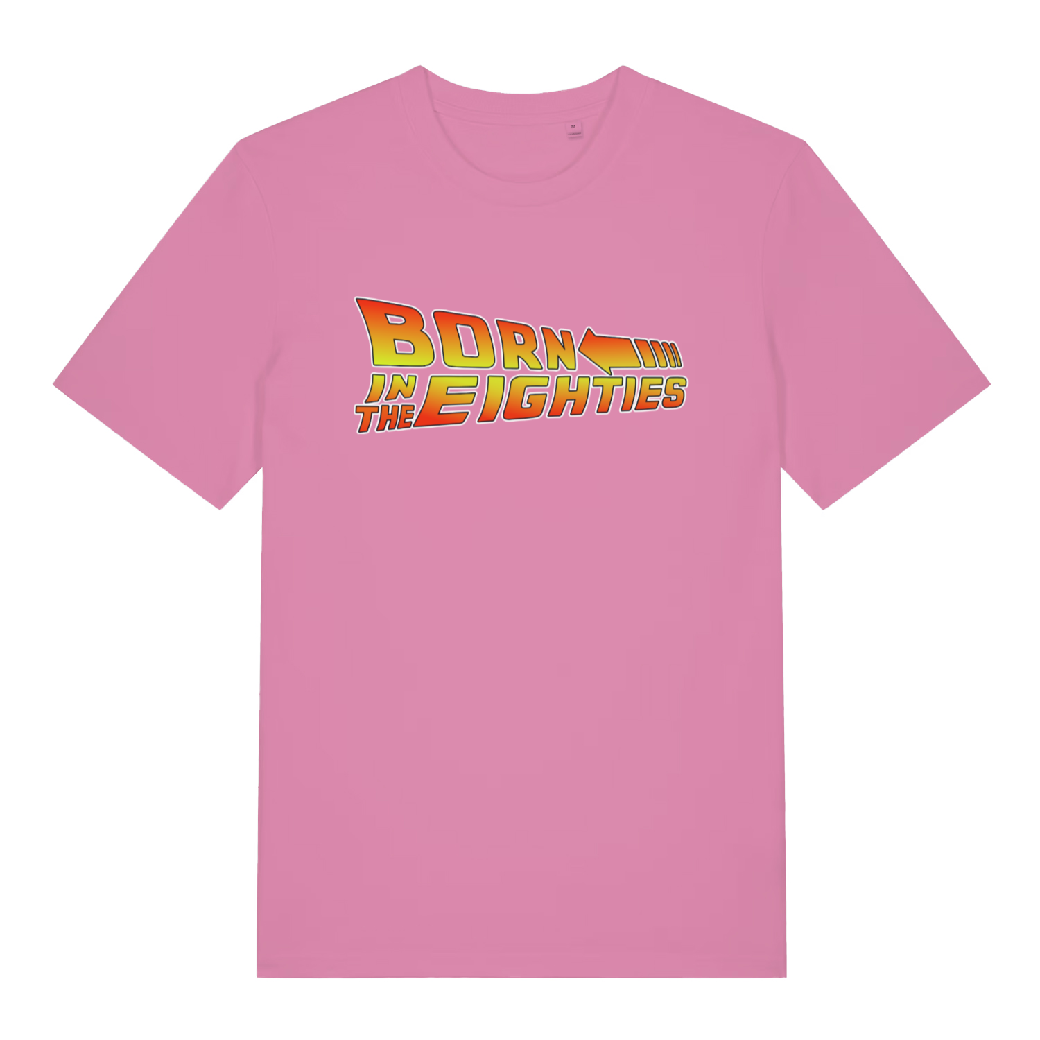 Pink women's Born in the Eighties T-shirt flat lay with fun retro "Born in the Eighties" arrow slogan