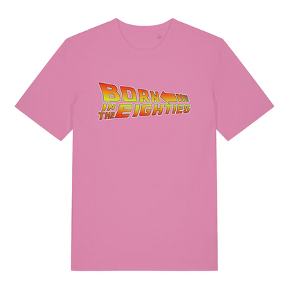 Pink women's Born in the Eighties T-shirt flat lay with fun retro "Born in the Eighties" arrow slogan