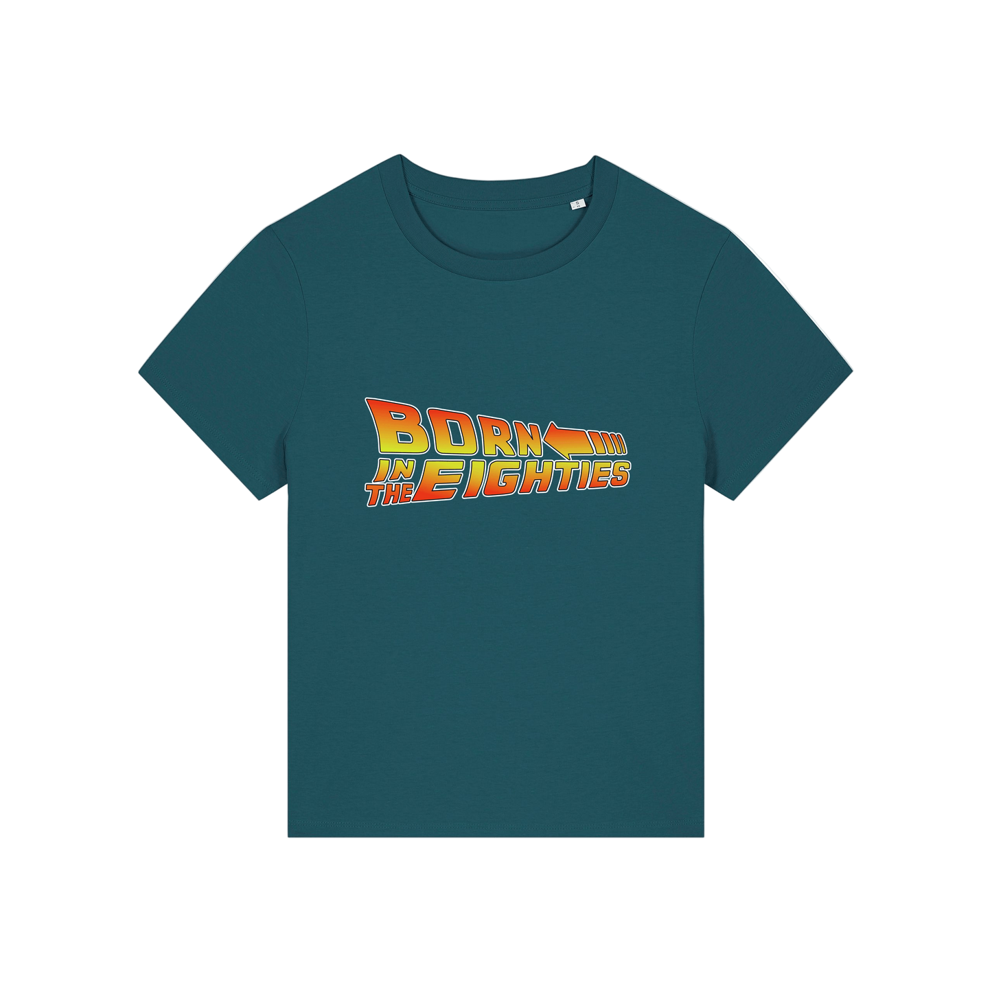 teal geek tee with the slogan 'born in the eighties'