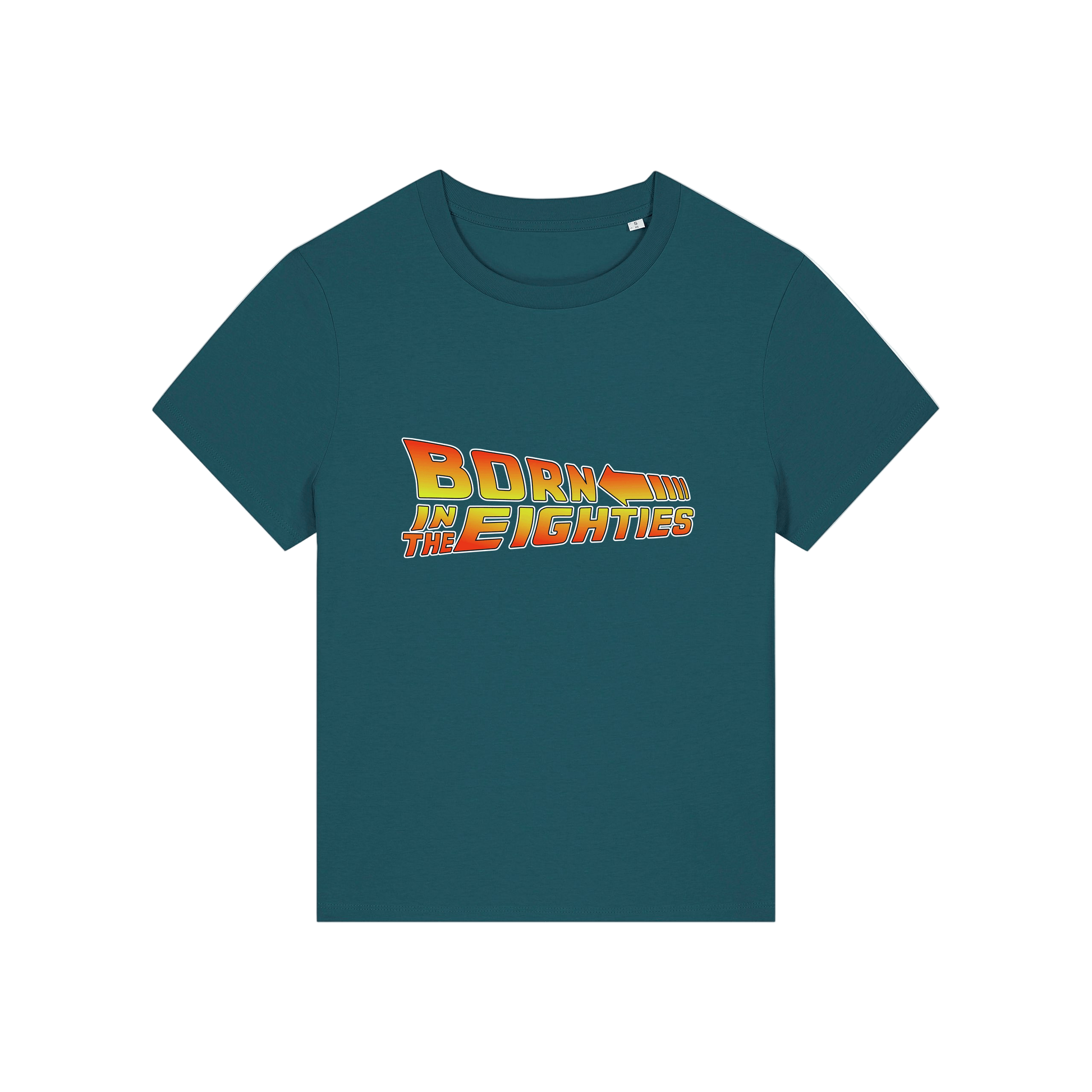 teal geek tee with the slogan 'born in the eighties'