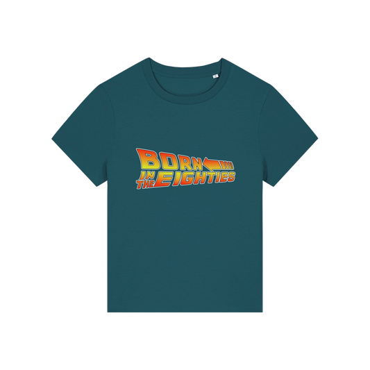 teal geek tee with the slogan 'born in the eighties'
