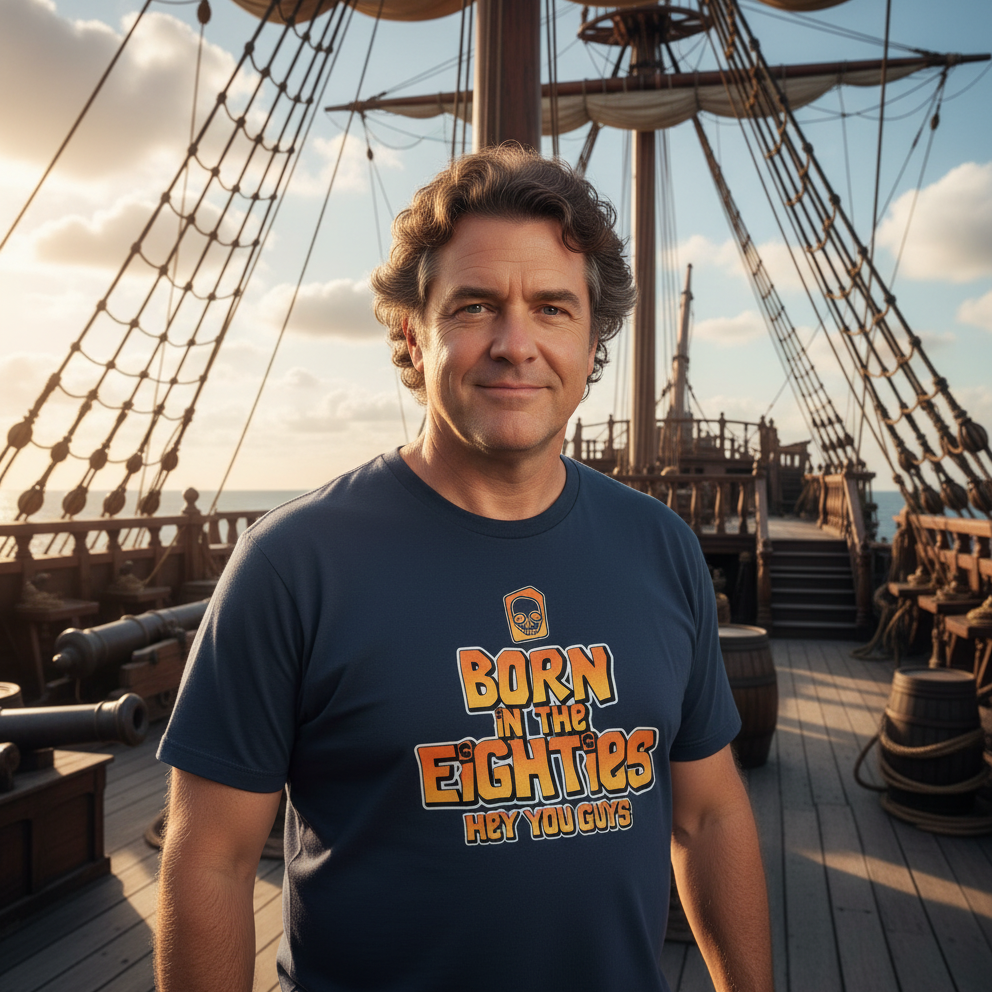 Man wearing a t-shirt with 'Born in the Eighties Hey You Guys' on a ship deck.