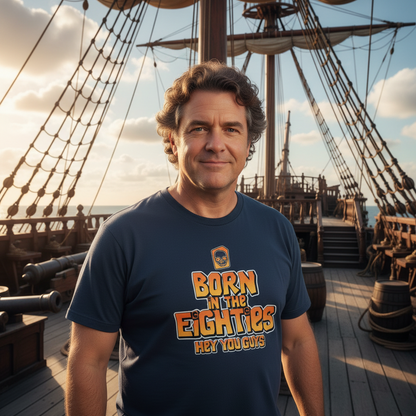 Man wearing a t-shirt with 'Born in the Eighties Hey You Guys' on a ship deck.