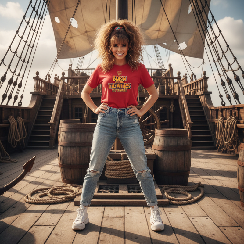 Person wearing a red t-shirt and jeans standing on a ship deck.