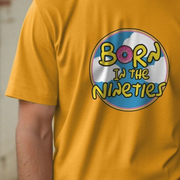 Yellow birthday t-shirt with 'Born in the Nineties' graphic design. inspired by the simpsons