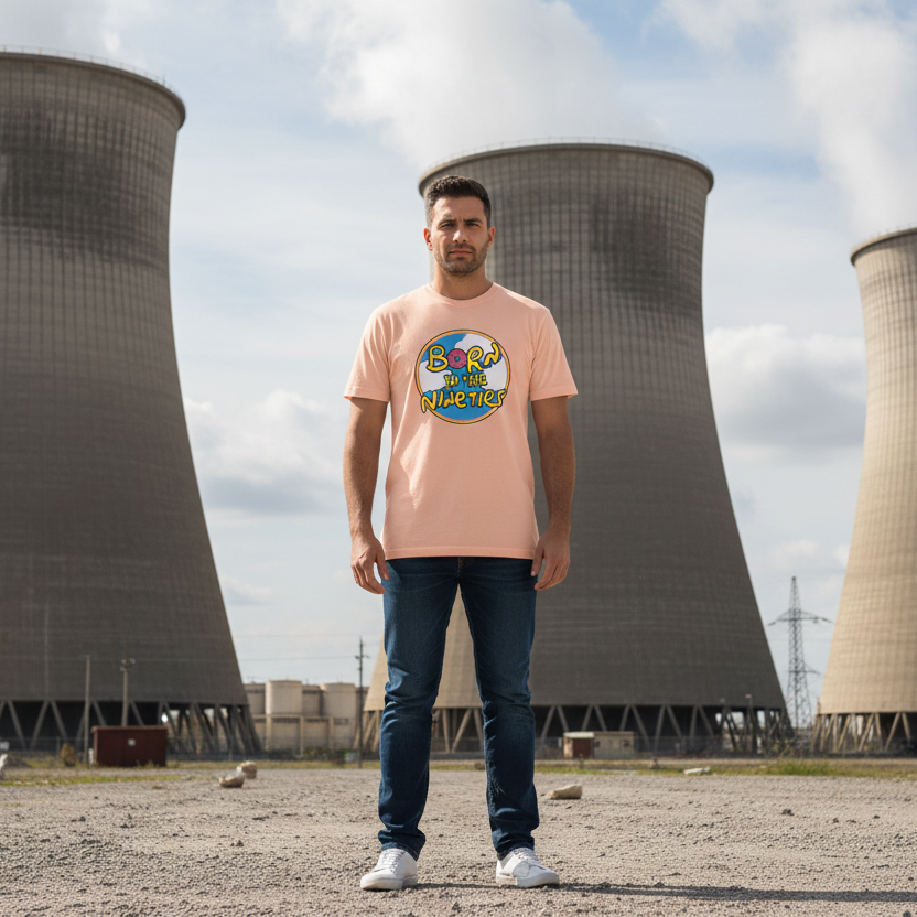 man wearing a peach coloured t-shirt with the slogan 'born in the 90's' whilst stood in front of some cooling towers