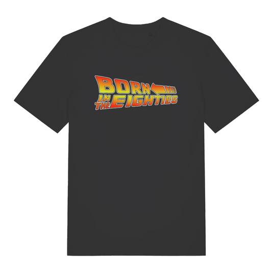 black birthday t-shirt with the slogan 'born in the eighties'
