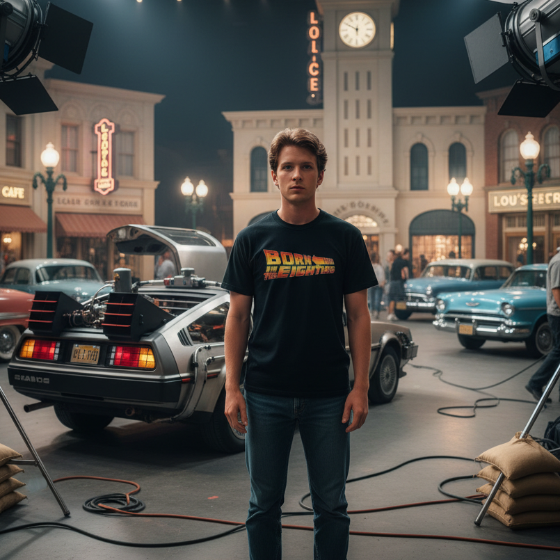 Man wearing a 'Born in the eighties' t-shirt standing in a vintage car lot with a clock tower in the background.