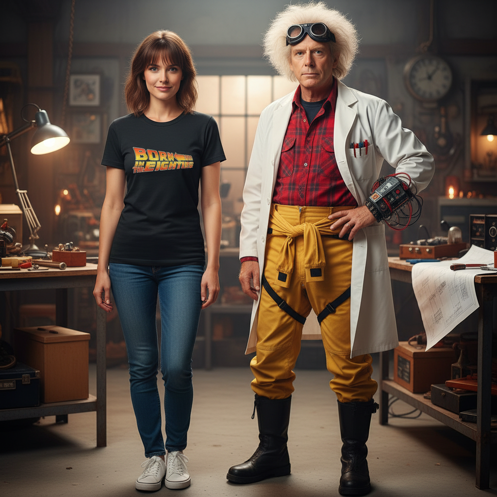 Two people in a retro-futuristic setting, one wearing a 'Born to in the eighties' t-shirt and the other in a lab coat and goggles.