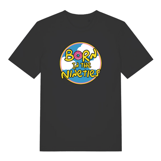 black birthday t-shirt inspired by the iconic cartoon the simpsons, with the slogan 'born in the 90s'
