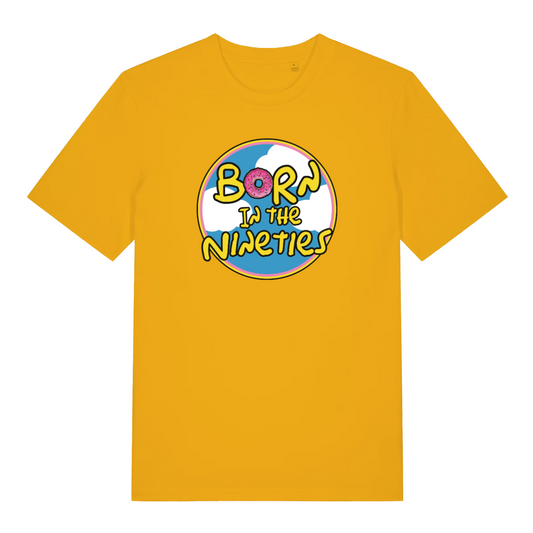 yellow birthday t-shirt inspired by the iconic cartoon the simpsons, with the slogan 'born in the 90s'