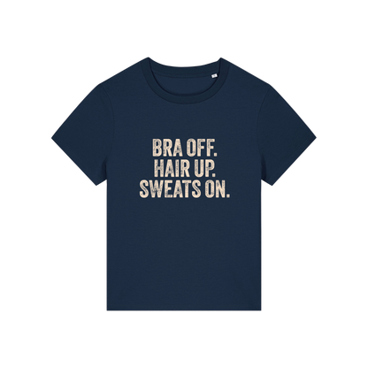 navy slogan t-shirt with 'bra off hair up sweats on'