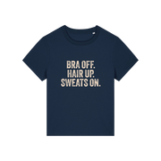 navy slogan t-shirt with 'bra off hair up sweats on'