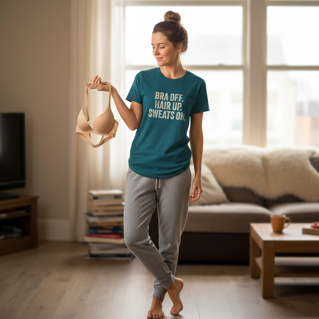 Woman holding a bra in a living room wearing a teal t-shirt with the text 'bra off hair up sweats on'.