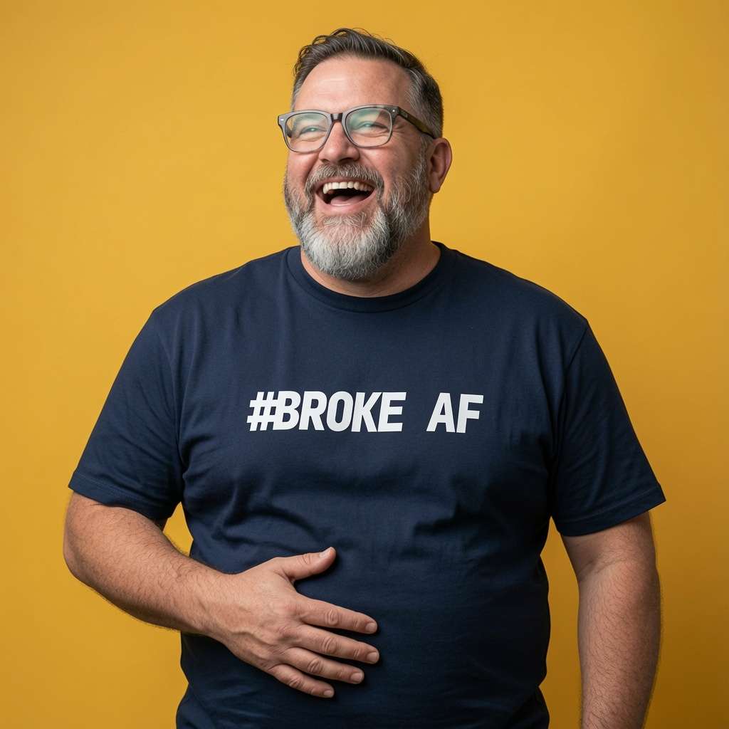 Man in navy #Broke AF t-shirt laughing, funny witty mens matching slogan tee