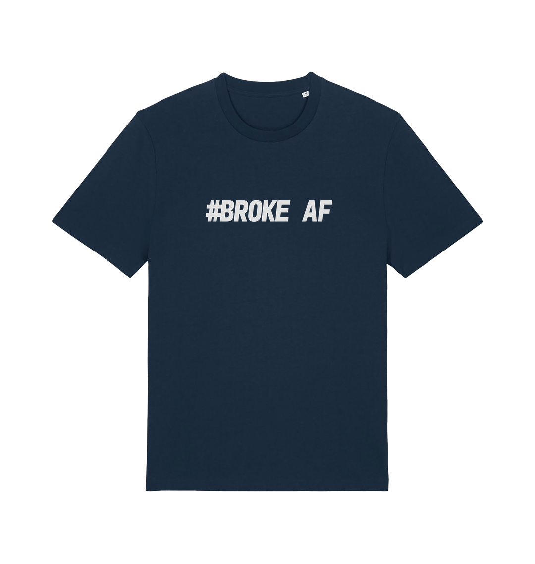 navy slogan t-shirt with the text 'broke af'