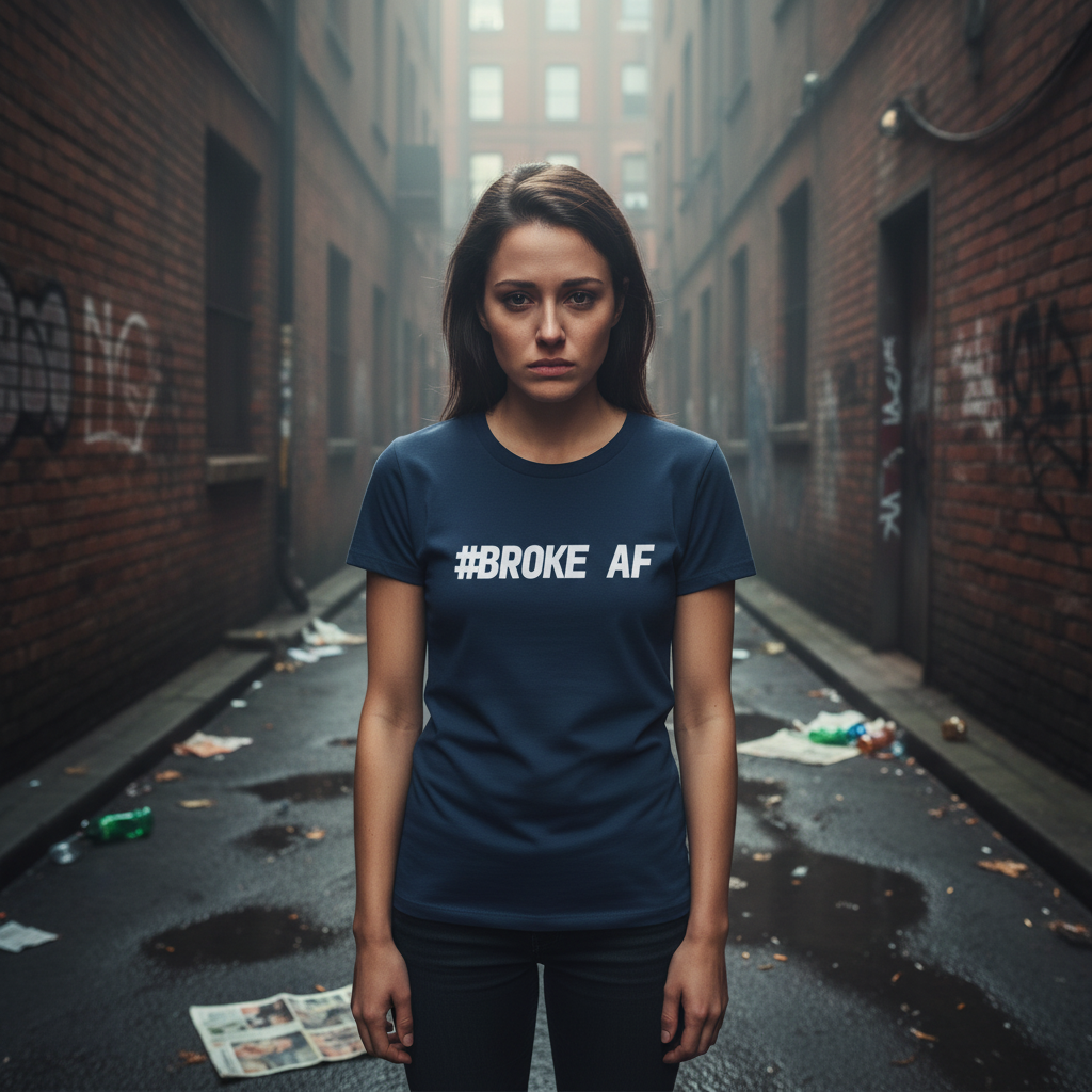 Person wearing a '#BROKE AF' t-shirt in an urban alleyway.