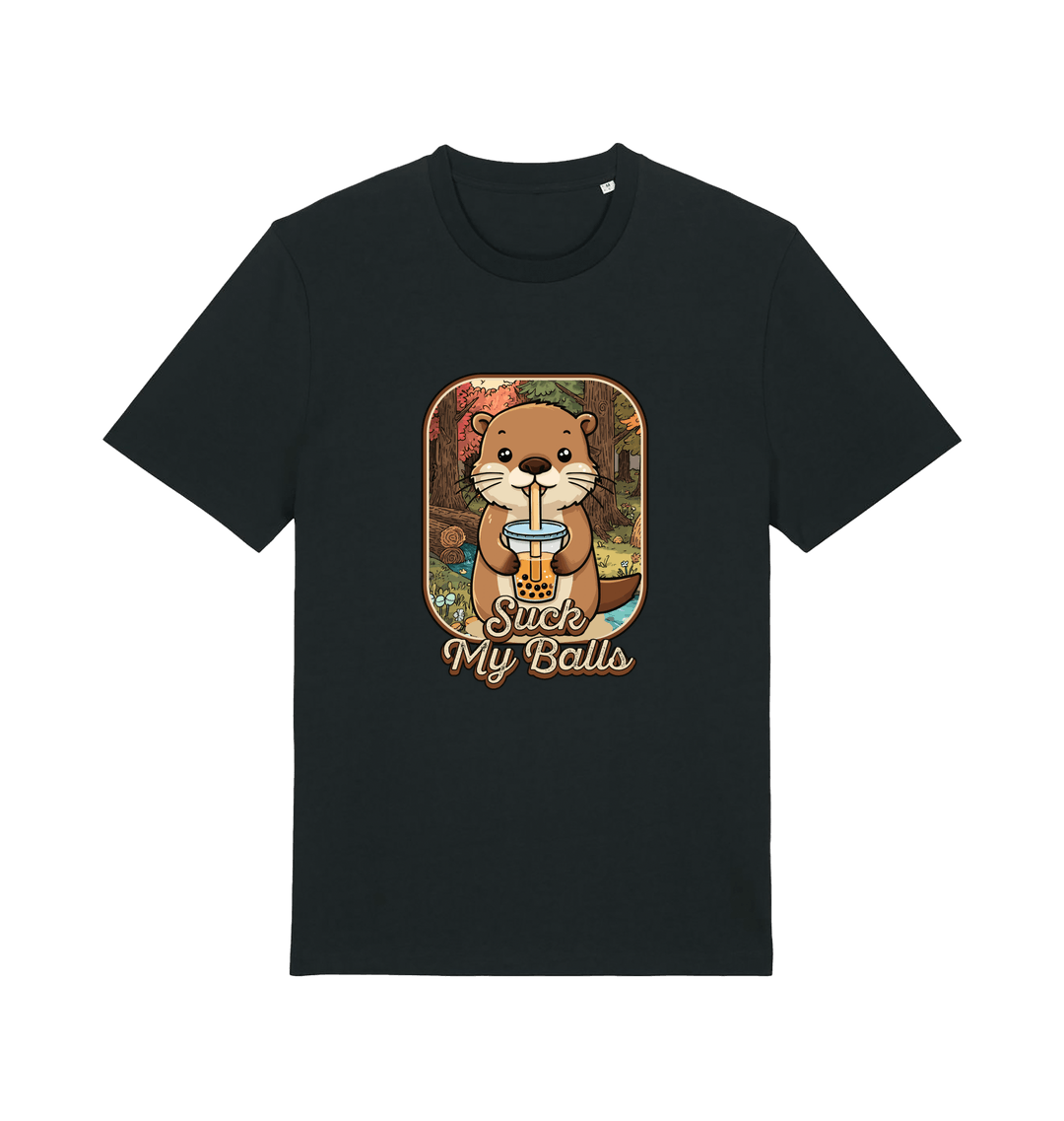 black animal t-shirt with the graphic of a beaver and the text 'suck my balls'