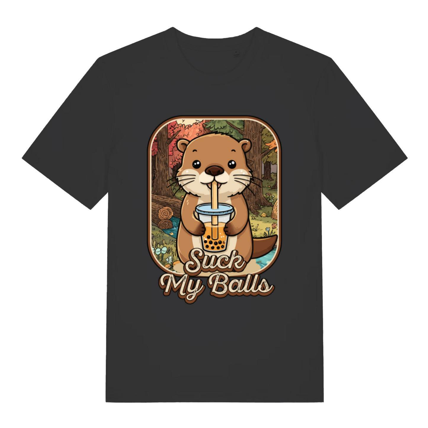 Black Bubble Tea Beaver T-shirt flat lay with cute otter drinking boba and "Suck My Balls" cheeky slogan