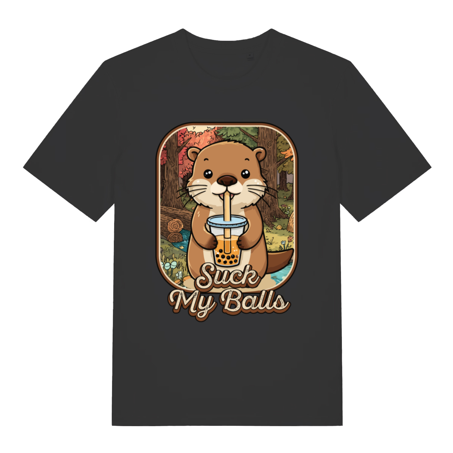 Black Bubble Tea Beaver T-shirt flat lay with cute otter drinking boba and "Suck My Balls" cheeky slogan
