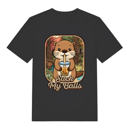 Black Bubble Tea Beaver T-shirt flat lay with cute otter drinking boba and "Suck My Balls" cheeky slogan