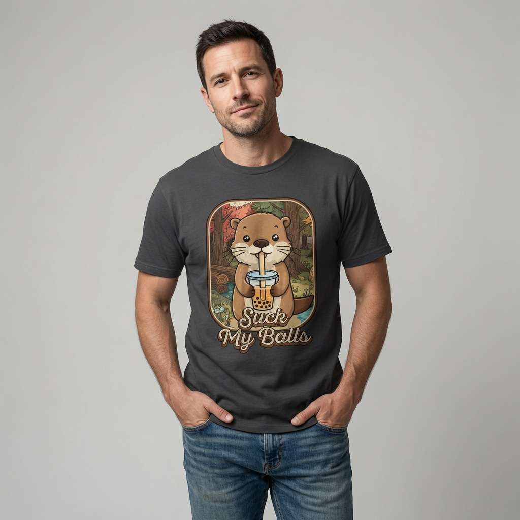 Man in dark grey Suck My Balls beaver tee, fun rude cheeky animal gift