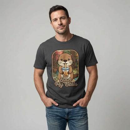 Man in dark grey Suck My Balls beaver tee, fun rude cheeky animal gift
