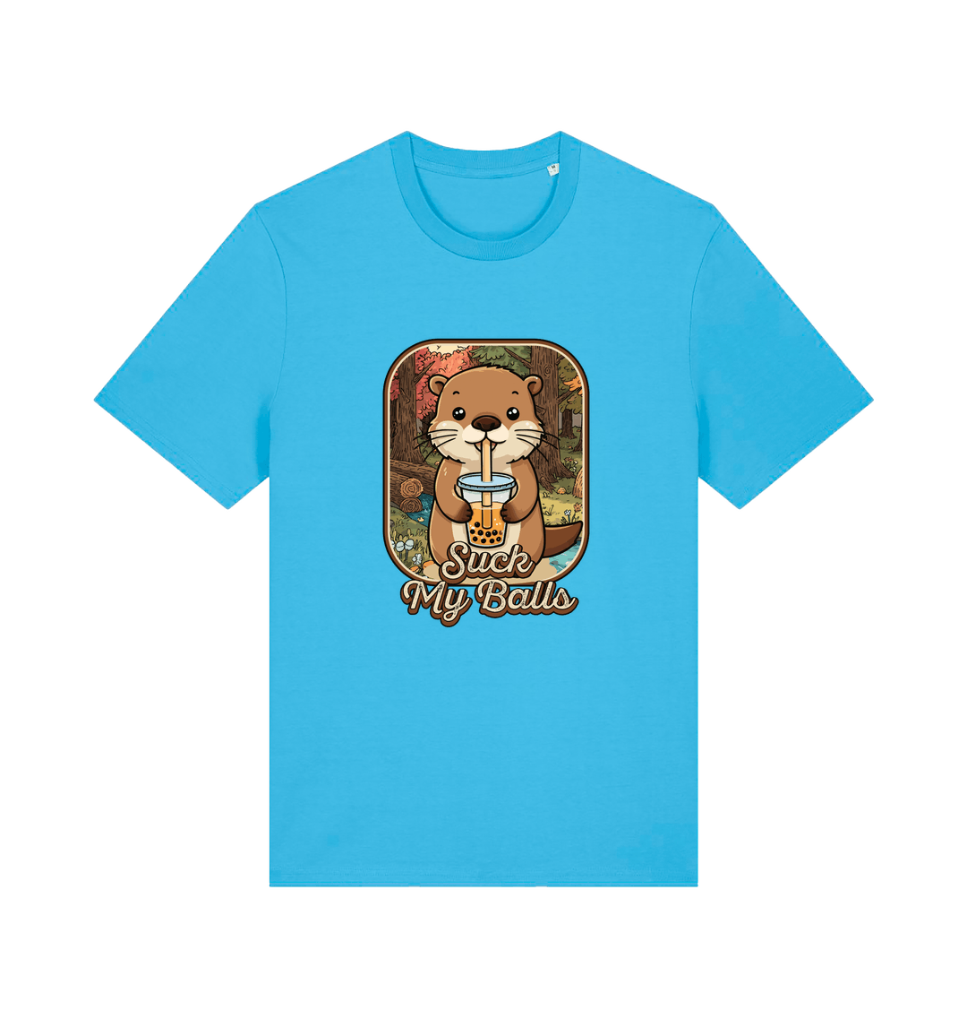 blue animal t-shirt with the graphic of a beaver and the text 'suck my balls'
