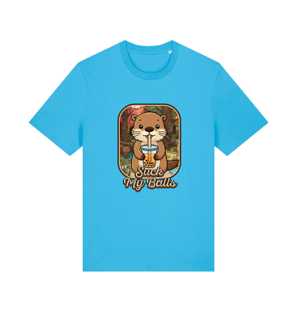 blue animal t-shirt with the graphic of a beaver and the text 'suck my balls'