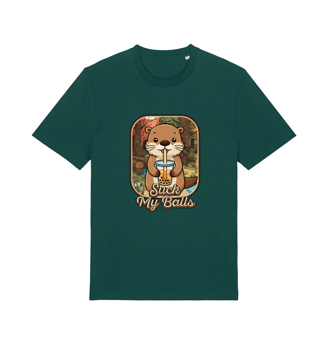 green animal t-shirt with the graphic of a beaver and the text 'suck my balls'